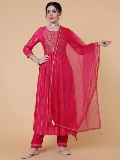 Rayon Calf Length Semi Flared 3/4 Sleeves Printed Round Neck Kurta Bottom Dupatta Set (Preorder)