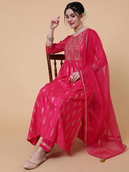Rayon Calf Length Semi Flared 3/4 Sleeves Printed Round Neck Kurta Bottom Dupatta Set (Preorder)