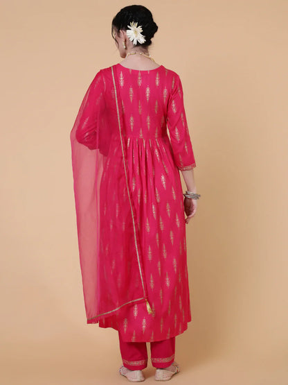 Rayon Calf Length Semi Flared 3/4 Sleeves Printed Round Neck Kurta Bottom Dupatta Set (Preorder)