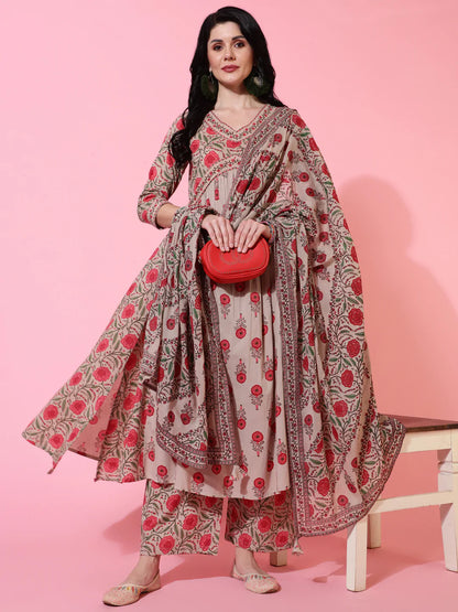 Cotton Calf Length Semi Flared 3/4 Sleeves Printed V-Neck Kurta Bottom Dupatta Set (Preorder)
