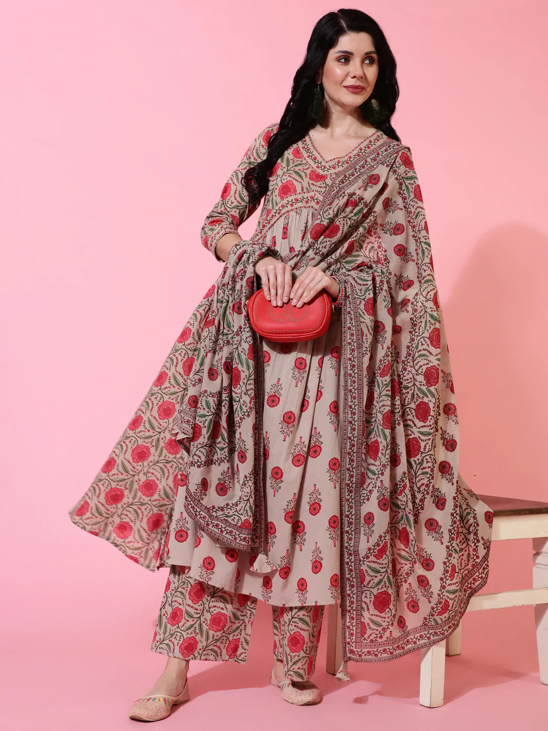Cotton Calf Length Semi Flared 3/4 Sleeves Printed V-Neck Kurta Bottom Dupatta Set (Preorder)