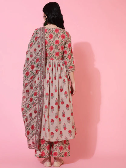 Cotton Calf Length Semi Flared 3/4 Sleeves Printed V-Neck Kurta Bottom Dupatta Set (Preorder)