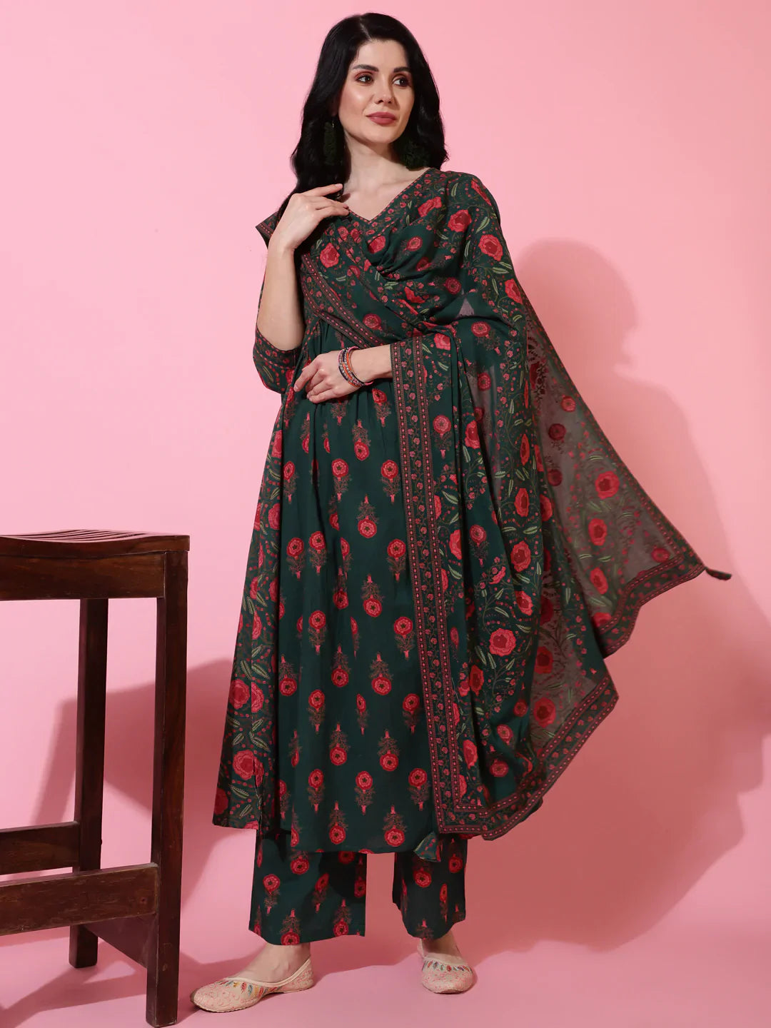 Cotton Calf Length Semi Flared 3/4 Sleeves Printed V-Neck Kurta Bottom Dupatta Set (Preorder)