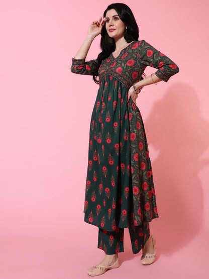 Cotton Calf Length Semi Flared 3/4 Sleeves Printed V-Neck Kurta Bottom Dupatta Set (Preorder)