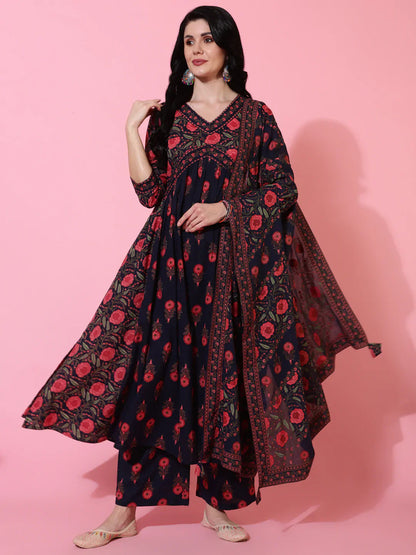 Cotton Calf Length Semi Flared 3/4 Sleeves Printed V-Neck Kurta Bottom Dupatta Set (Preorder)