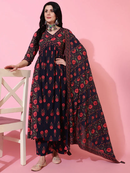 Cotton Calf Length Semi Flared 3/4 Sleeves Printed V-Neck Kurta Bottom Dupatta Set (Preorder)