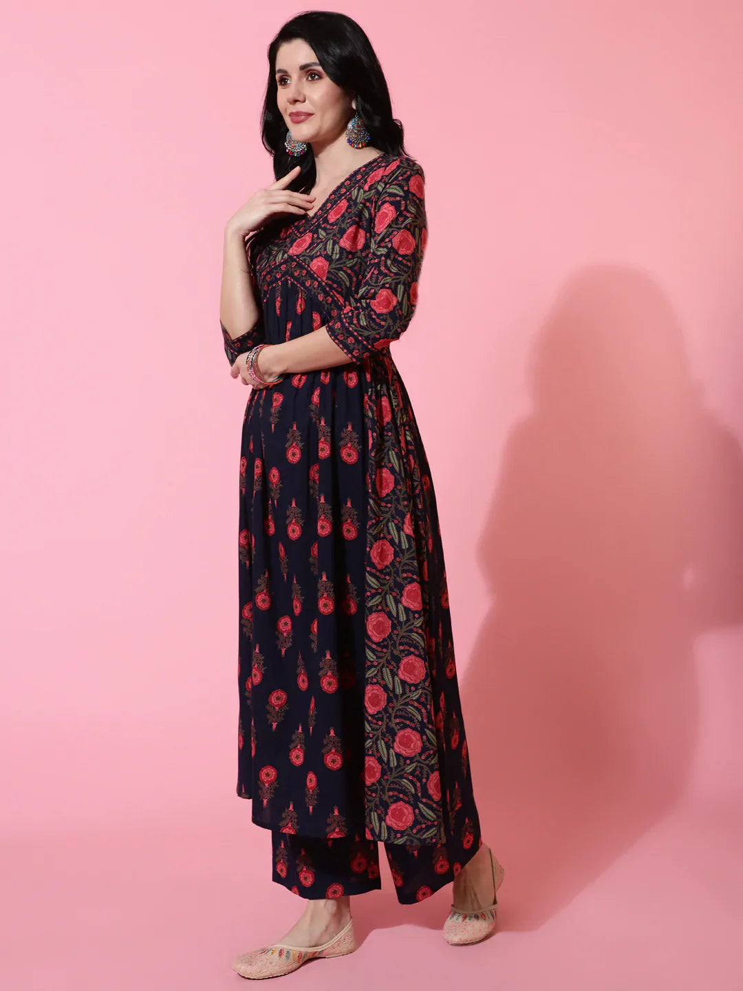 Cotton Calf Length Semi Flared 3/4 Sleeves Printed V-Neck Kurta Bottom Dupatta Set (Preorder)