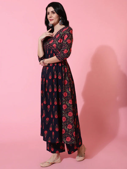 Cotton Calf Length Semi Flared 3/4 Sleeves Printed V-Neck Kurta Bottom Dupatta Set (Preorder)