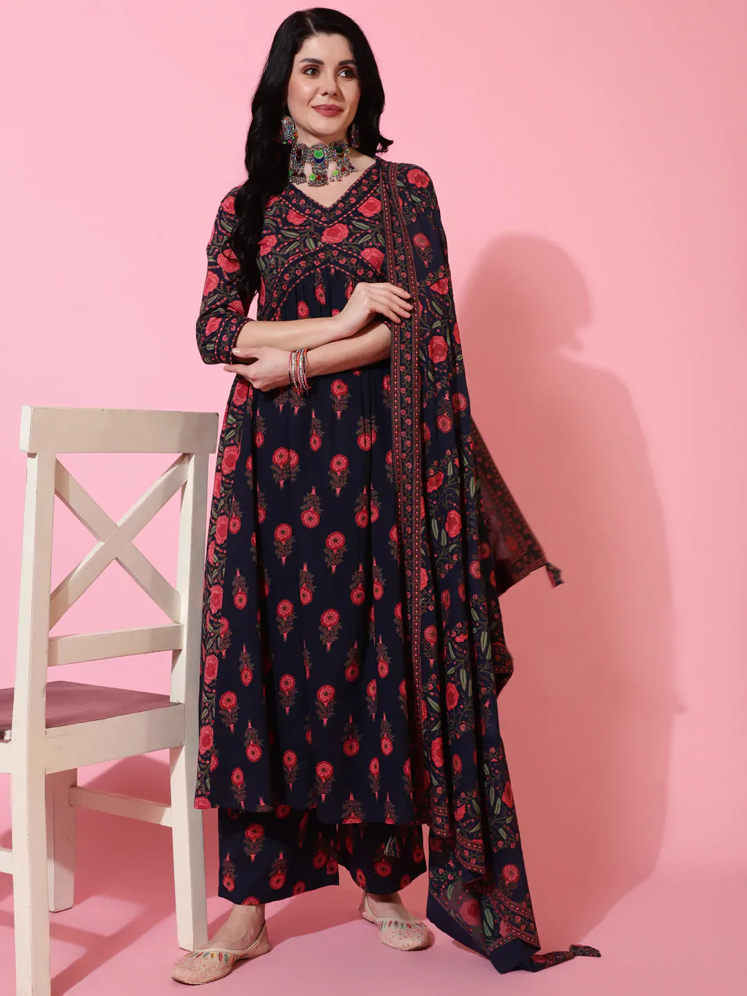Cotton Calf Length Semi Flared 3/4 Sleeves Printed V-Neck Kurta Bottom Dupatta Set (Preorder)