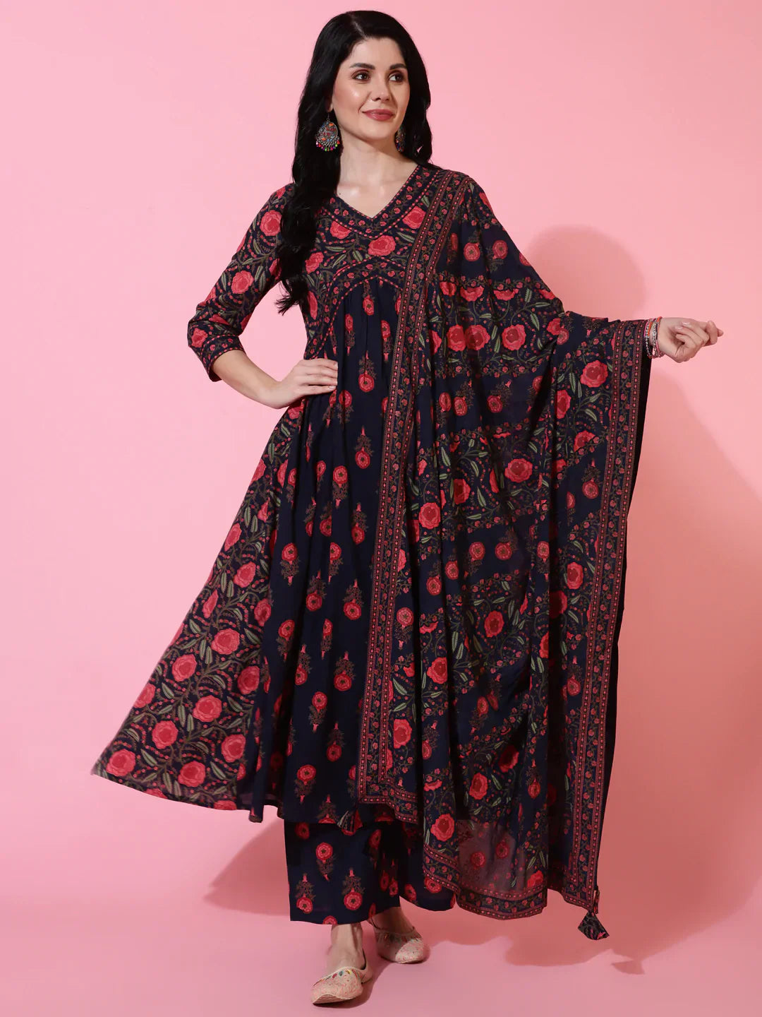 Cotton Calf Length Semi Flared 3/4 Sleeves Printed V-Neck Kurta Bottom Dupatta Set (Preorder)