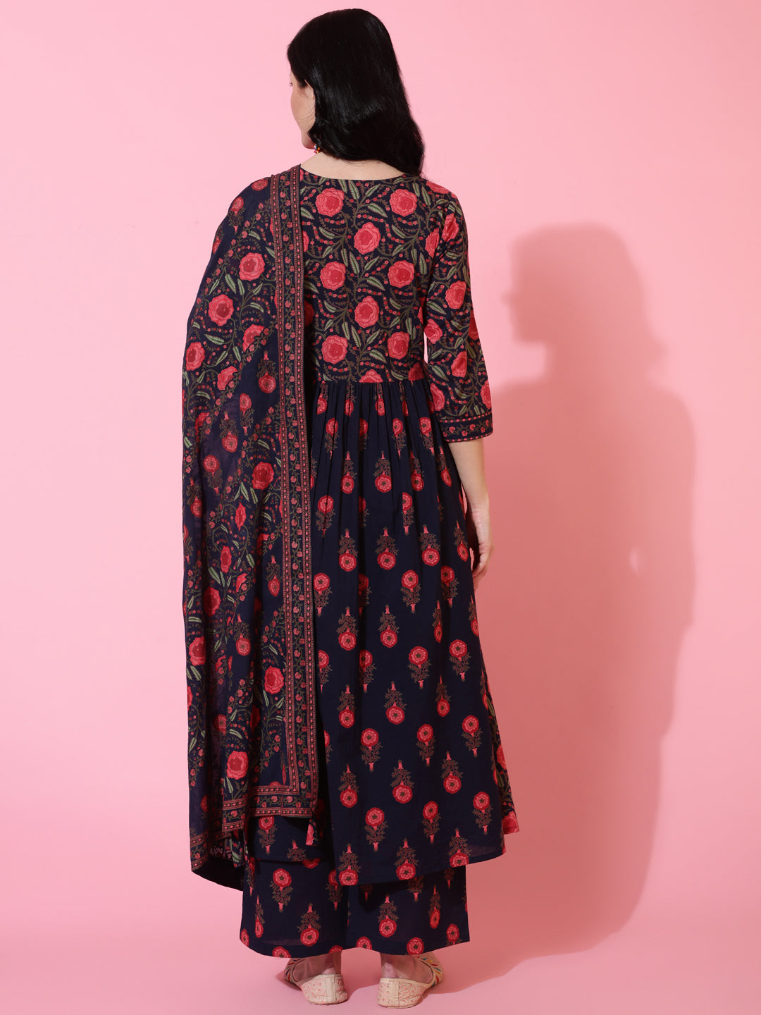 Cotton Calf Length Semi Flared 3/4 Sleeves Printed V-Neck Kurta Bottom Dupatta Set (Preorder)