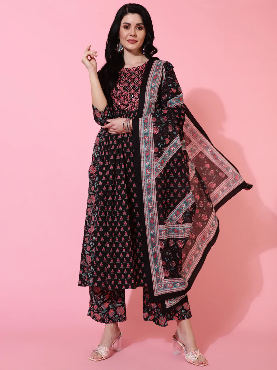 Cotton Calf Length Semi Flared 3/4 Sleeves Printed Round Neck Kurta Bottom Dupatta Set (Preorder)