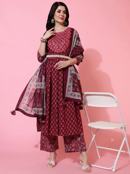 Cotton Calf Length Semi Flared 3/4 Sleeves Printed Round Neck Kurta Bottom Dupatta Set (Preorder)