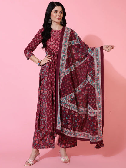 Cotton Calf Length Semi Flared 3/4 Sleeves Printed Round Neck Kurta Bottom Dupatta Set (Preorder)