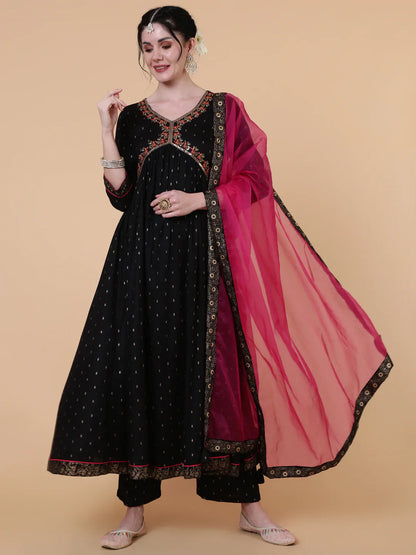 Rayon Calf Length Semi Flared 3/4 Sleeves Embroidered V-Neck Kurta Bottom Dupatta Set (Preorder)