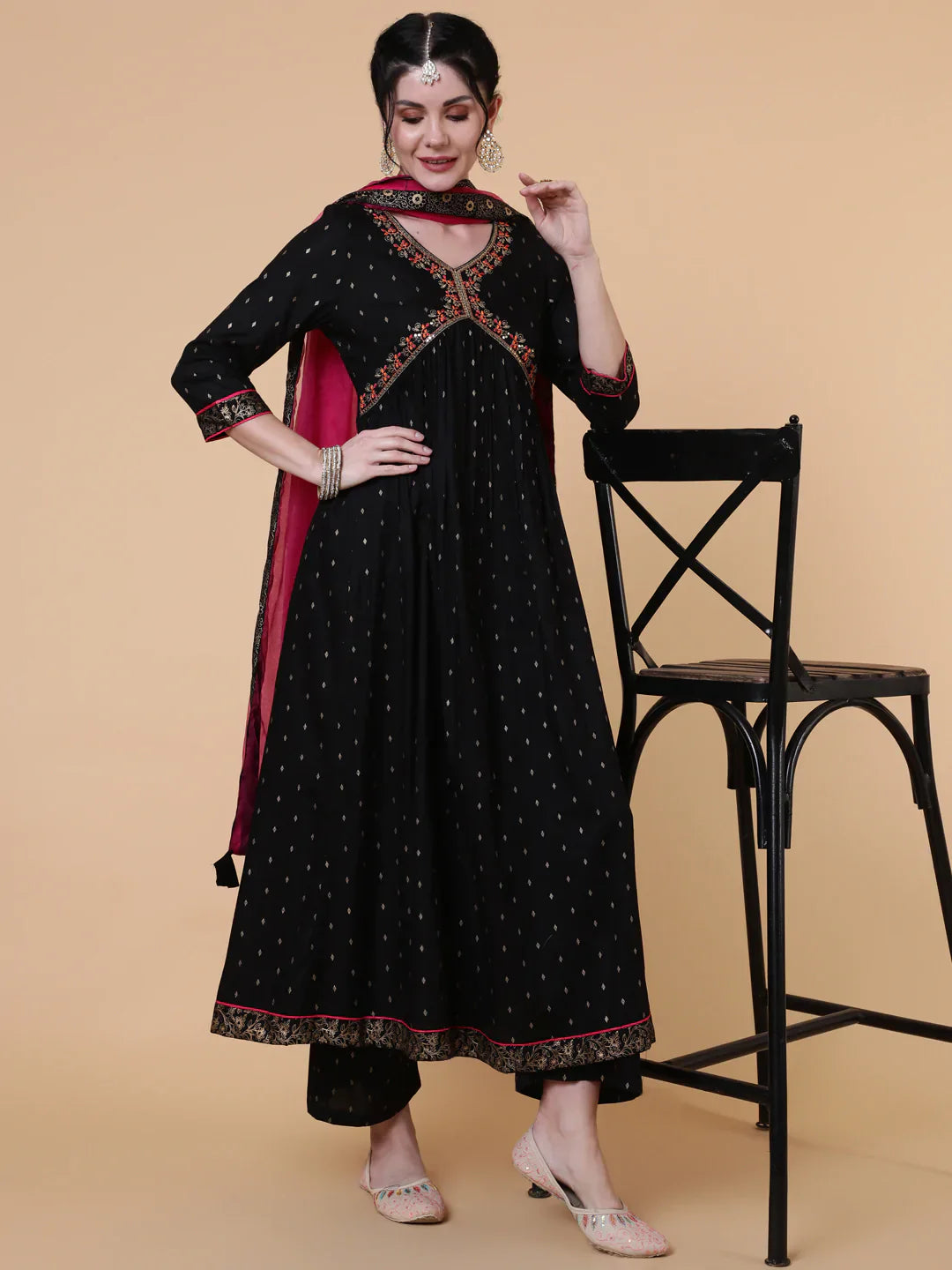 Rayon Calf Length Semi Flared 3/4 Sleeves Embroidered V-Neck Kurta Bottom Dupatta Set (Preorder)