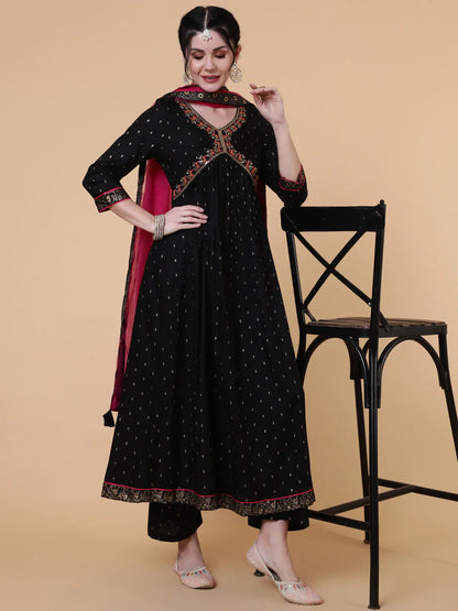 Rayon Calf Length Semi Flared 3/4 Sleeves Embroidered V-Neck Kurta Bottom Dupatta Set (Preorder)