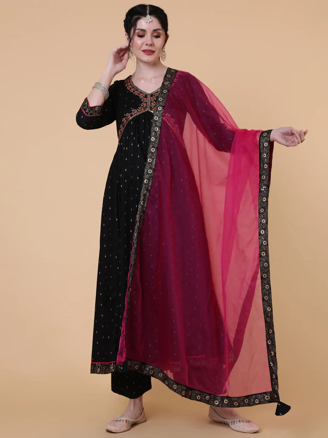 Rayon Calf Length Semi Flared 3/4 Sleeves Embroidered V-Neck Kurta Bottom Dupatta Set (Preorder)