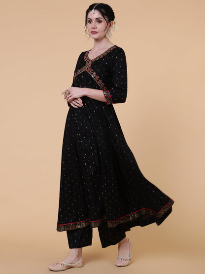 Rayon Calf Length Semi Flared 3/4 Sleeves Embroidered V-Neck Kurta Bottom Dupatta Set (Preorder)