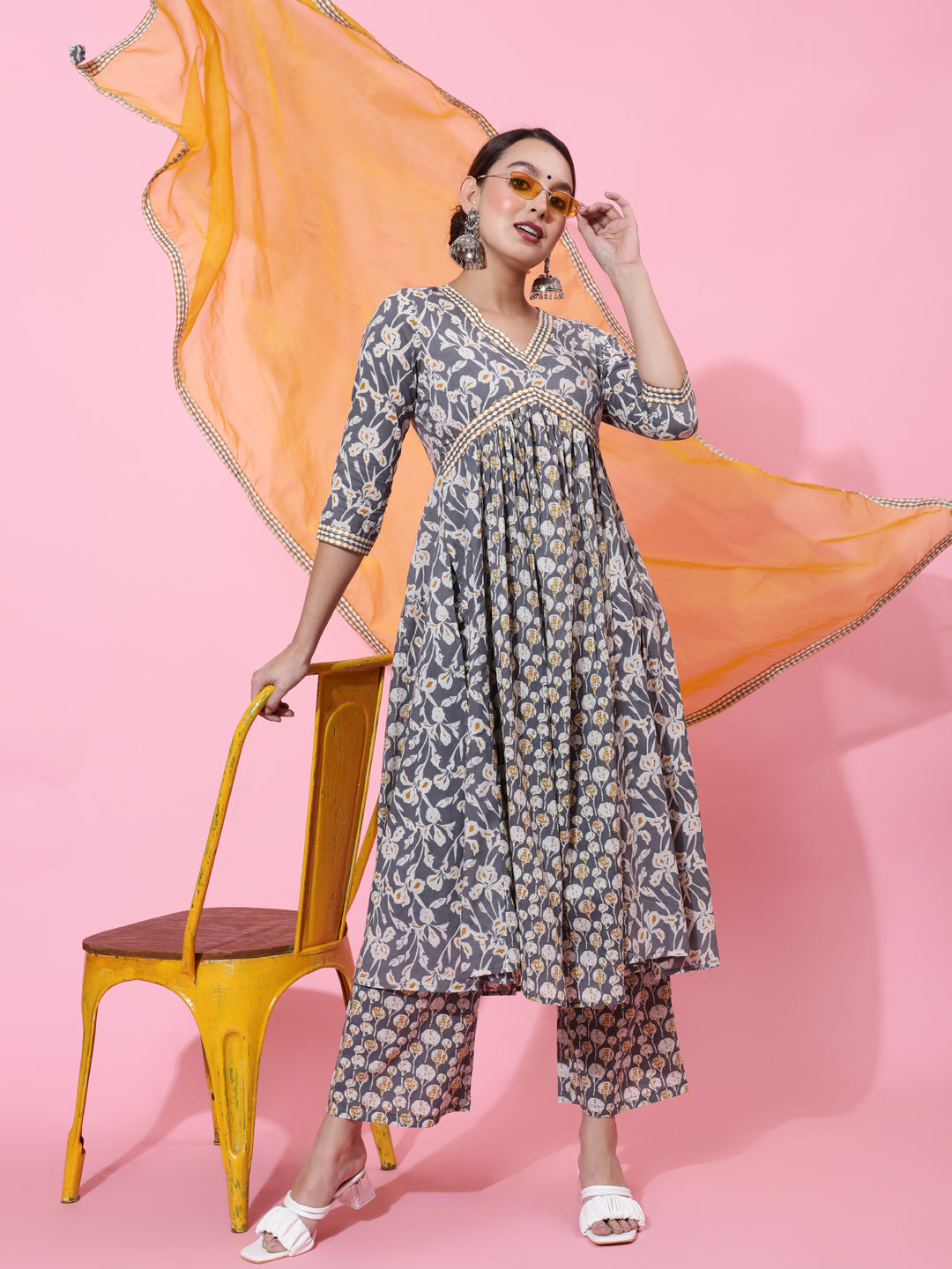 Cotton Calf Length Printed Semi-Flared 3/4 Sleeves V-Neck Kurta Bottom Dupatta Set (Preorder)