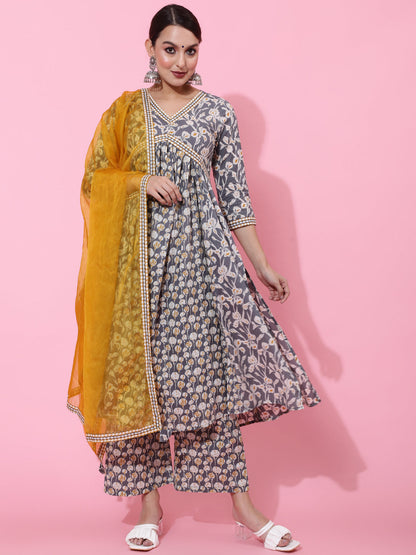 Cotton Calf Length Printed Semi-Flared 3/4 Sleeves V-Neck Kurta Bottom Dupatta Set (Preorder)