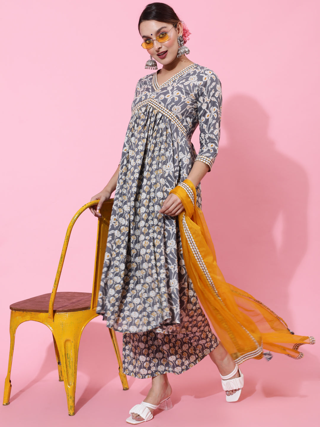 Cotton Calf Length Printed Semi-Flared 3/4 Sleeves V-Neck Kurta Bottom Dupatta Set (Preorder)