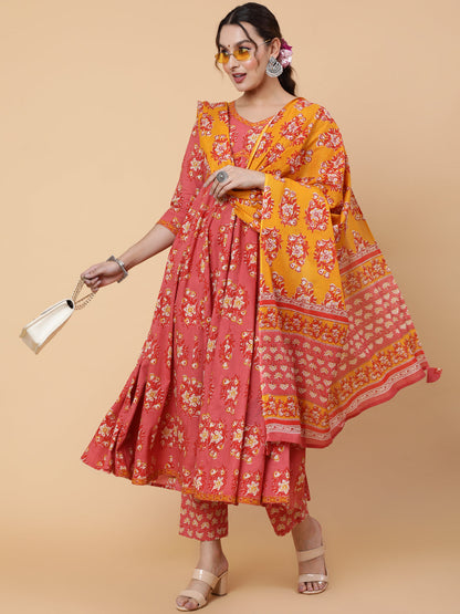 Cotton Calf Length Printed Semi-Flared 3/4 Sleeves V-Neck Kurta Bottom Dupatta Set (Preorder)