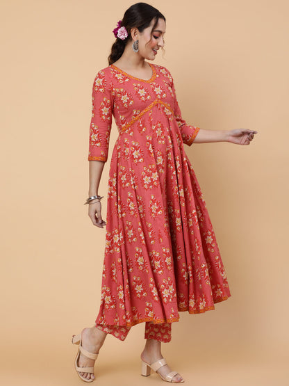 Cotton Calf Length Printed Semi-Flared 3/4 Sleeves V-Neck Kurta Bottom Dupatta Set (Preorder)