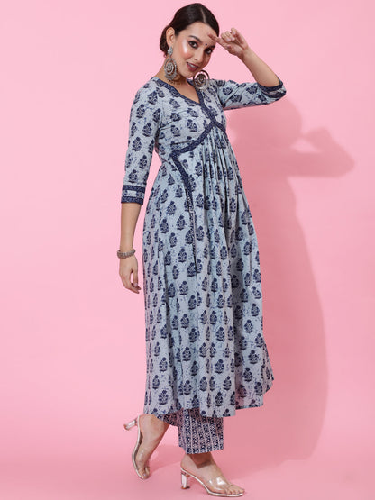 Cotton Calf Length Printed Semi-Flared 3/4 Sleeves V-Neck Kurta Bottom Dupatta Set (Preorder)