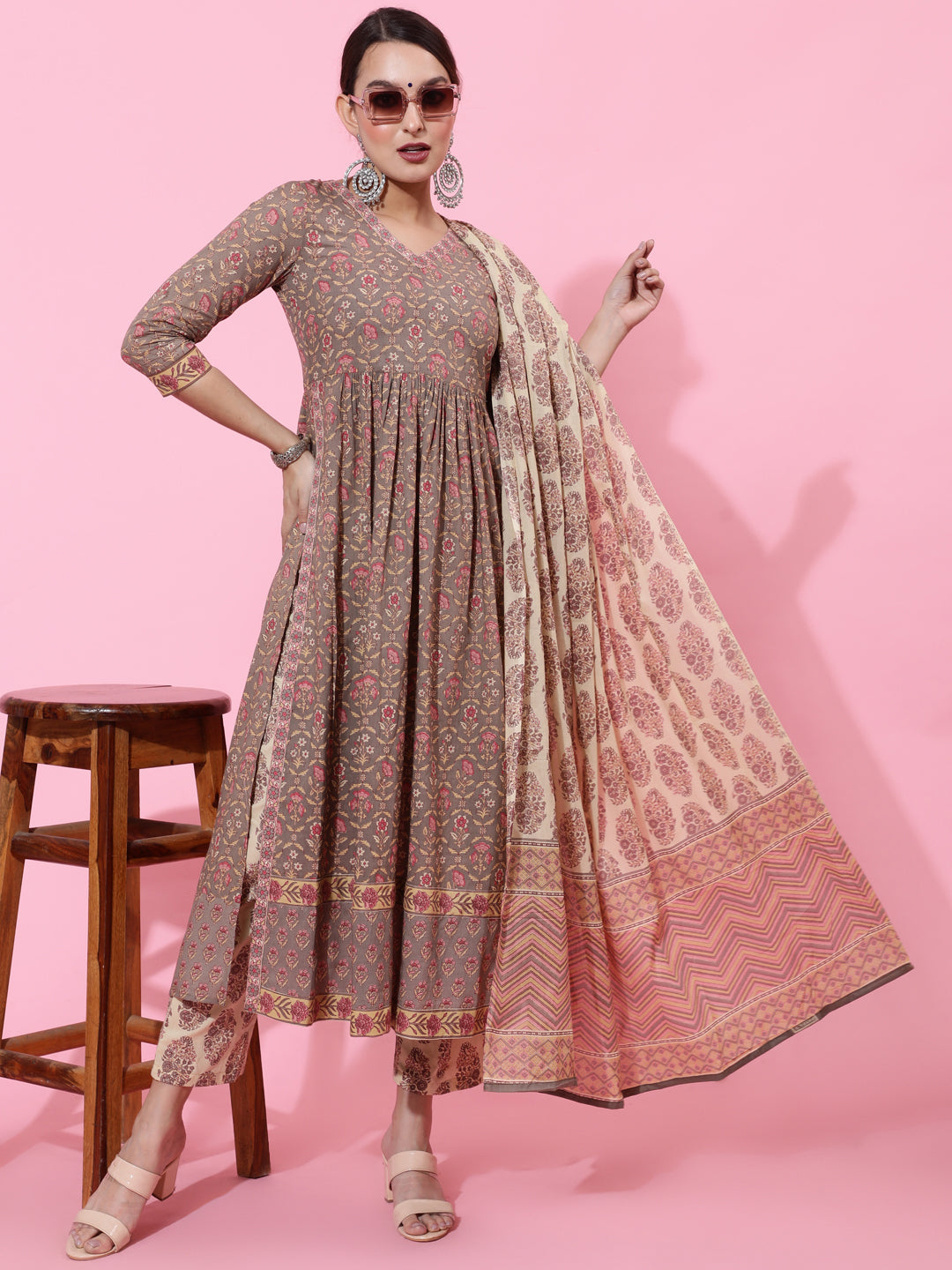 Cotton Calf Length Printed Semi-Flared 3/4 Sleeves V-Neck Kurta Bottom Dupatta Set (Preorder)