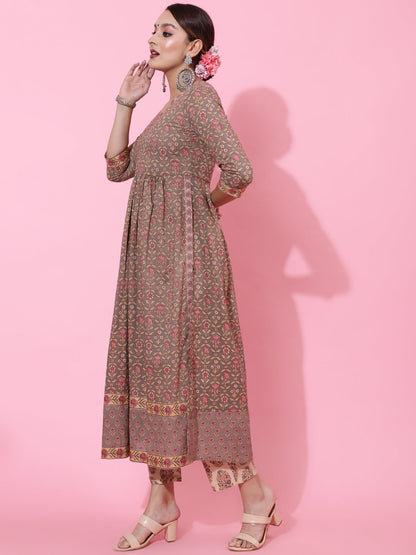 Cotton Calf Length Printed Semi-Flared 3/4 Sleeves V-Neck Kurta Bottom Dupatta Set (Preorder)