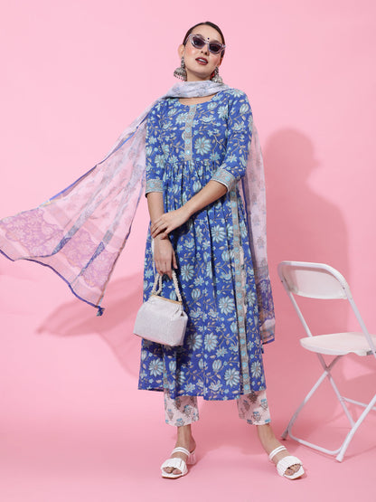 Cotton Calf Length Printed Semi-Flared 3/4 Sleeves Round Neck Kurta Bottom Dupatta Set (Preorder)