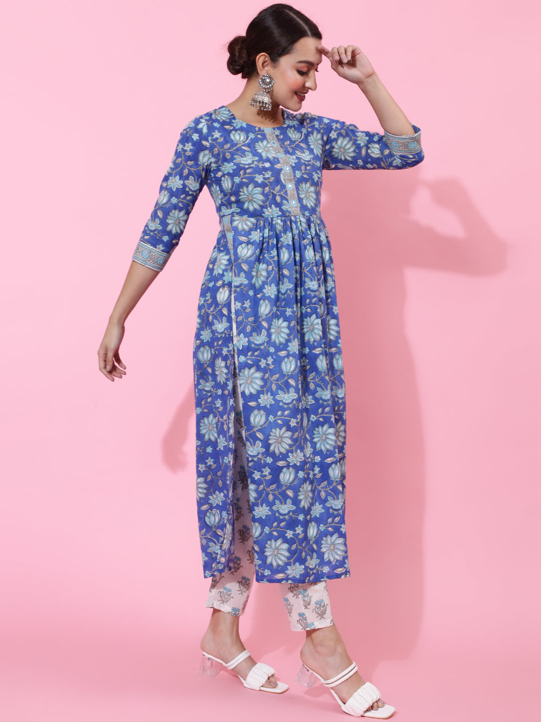 Cotton Calf Length Printed Semi-Flared 3/4 Sleeves Round Neck Kurta Bottom Dupatta Set (Preorder)