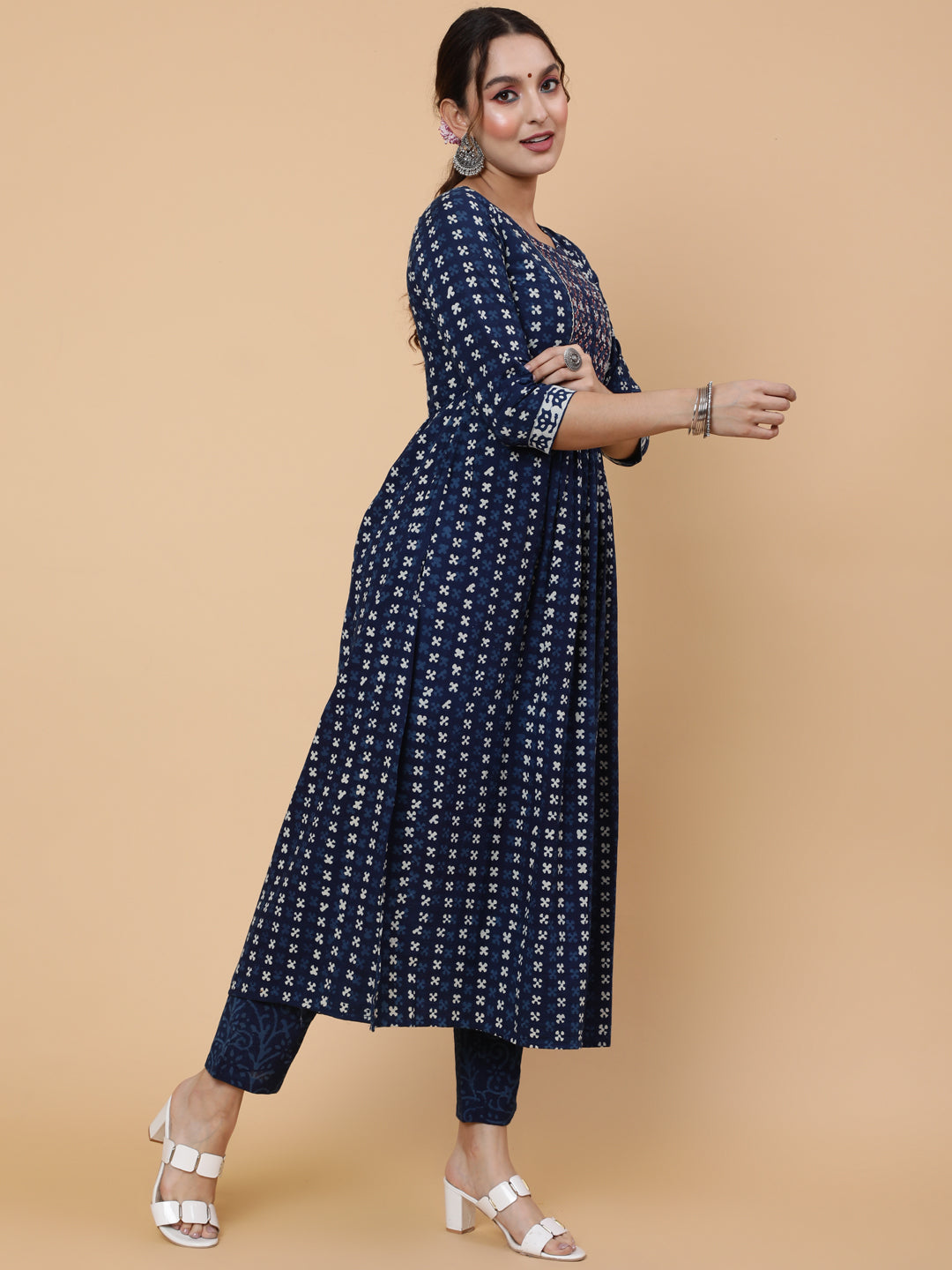 Cotton Calf Length Printed Semi-Flared 3/4 Sleeves Round Neck Kurta Bottom Dupatta Set (Preorder)