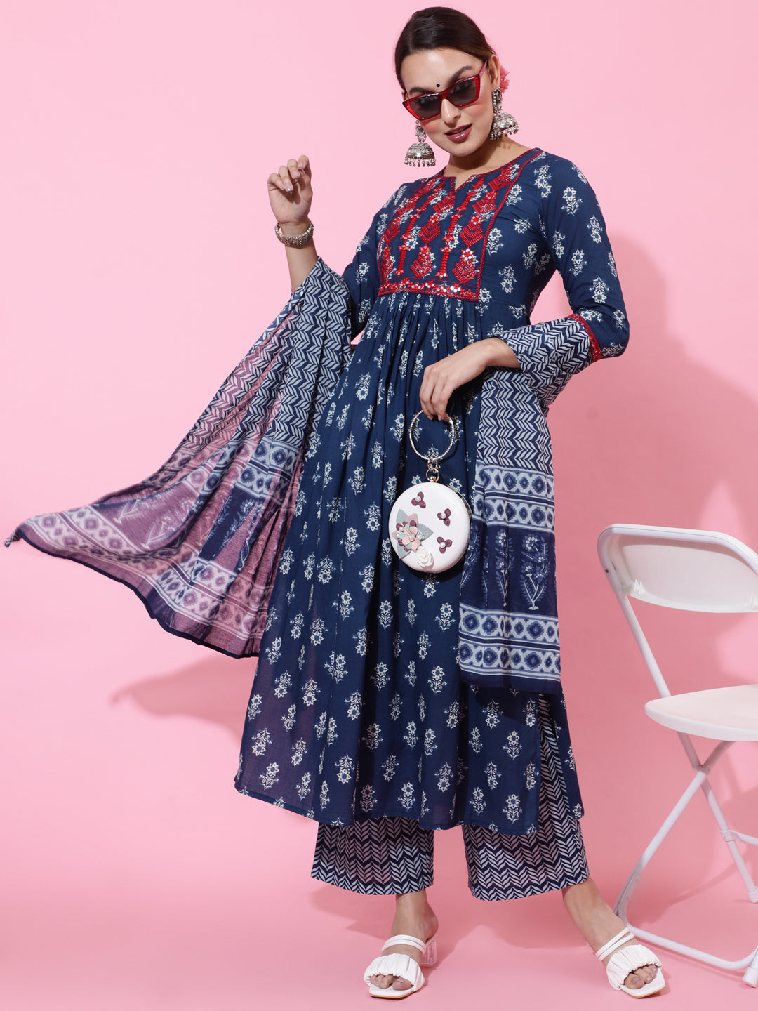 Cotton Calf Length Printed Semi-Flared 3/4 Sleeves Round Neck Kurta Bottom Dupatta Set (Preorder)