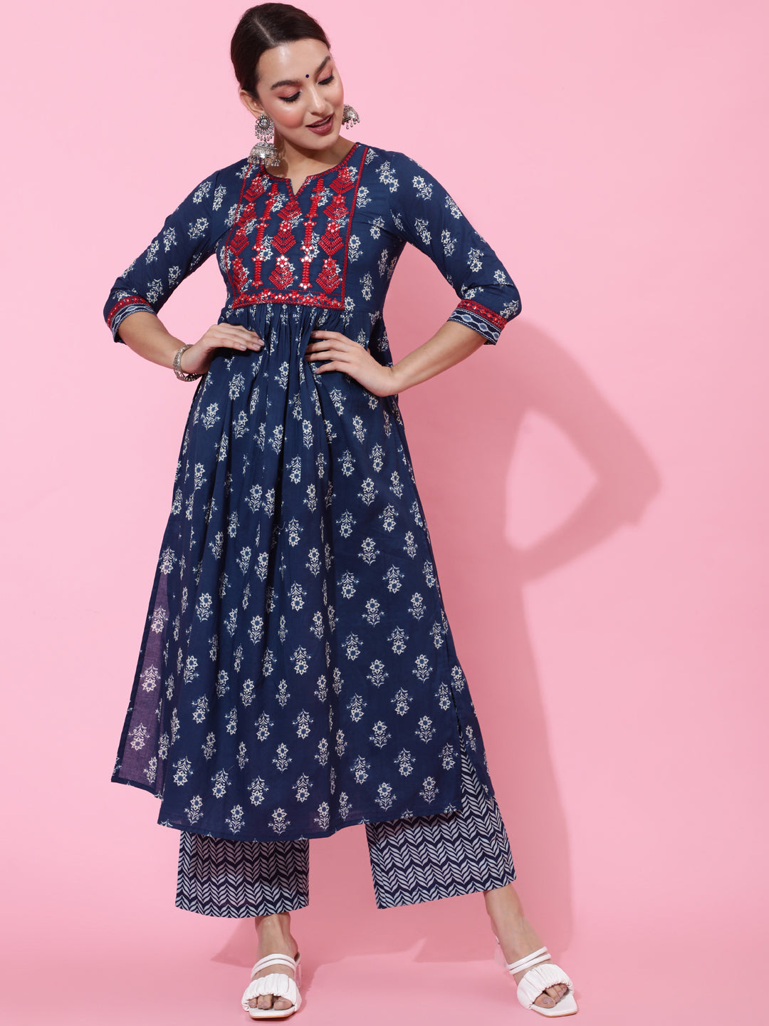Cotton Calf Length Printed Semi-Flared 3/4 Sleeves Round Neck Kurta Bottom Dupatta Set (Preorder)