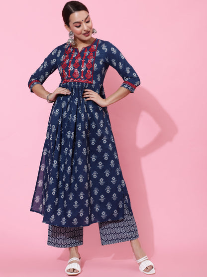 Cotton Calf Length Printed Semi-Flared 3/4 Sleeves Round Neck Kurta Bottom Dupatta Set (Preorder)