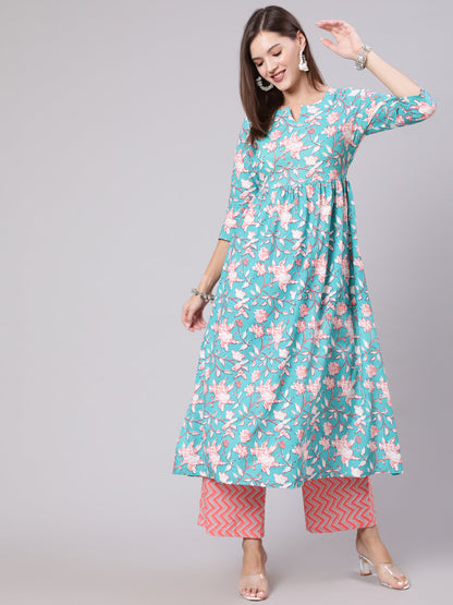 Cotton Calf Length Printed Semi Flared 3/4 Sleeve Round Neck Kurta Bottom Set (Preorder)