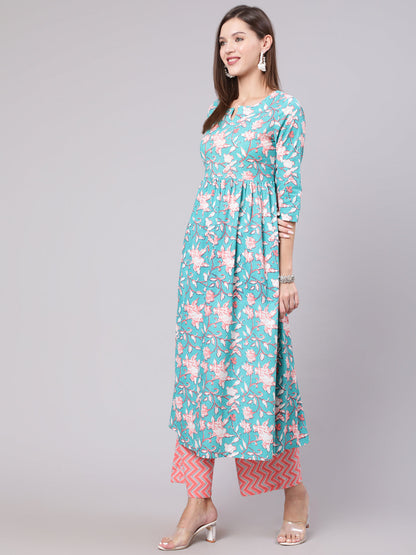 Cotton Calf Length Printed Semi Flared 3/4 Sleeve Round Neck Kurta Bottom Set (Preorder)