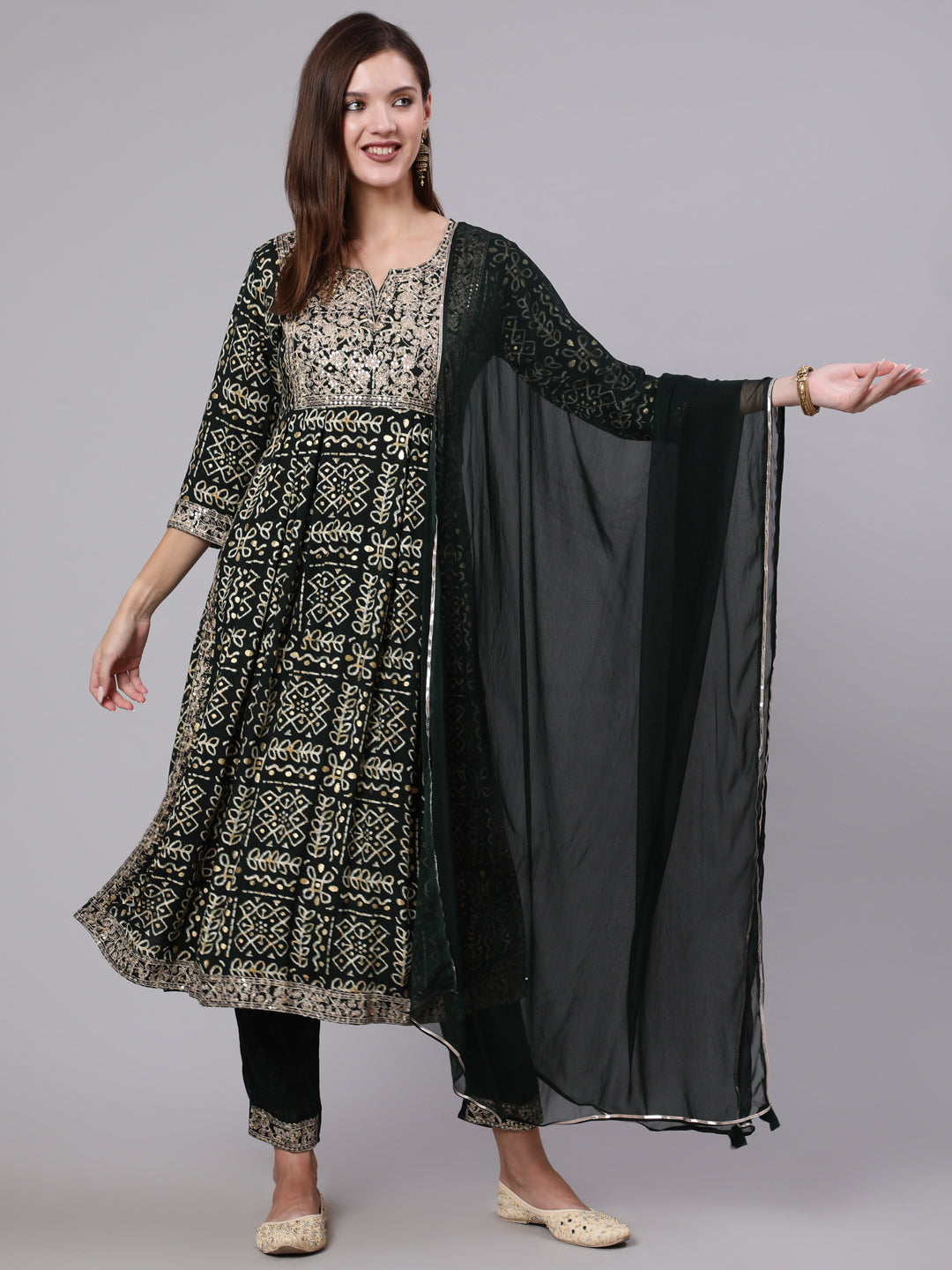Rayon Calf Length Printed Semi Flared 3/4 Sleeve Round Neck Kurta Bottom Dupatta Set (Preorder)