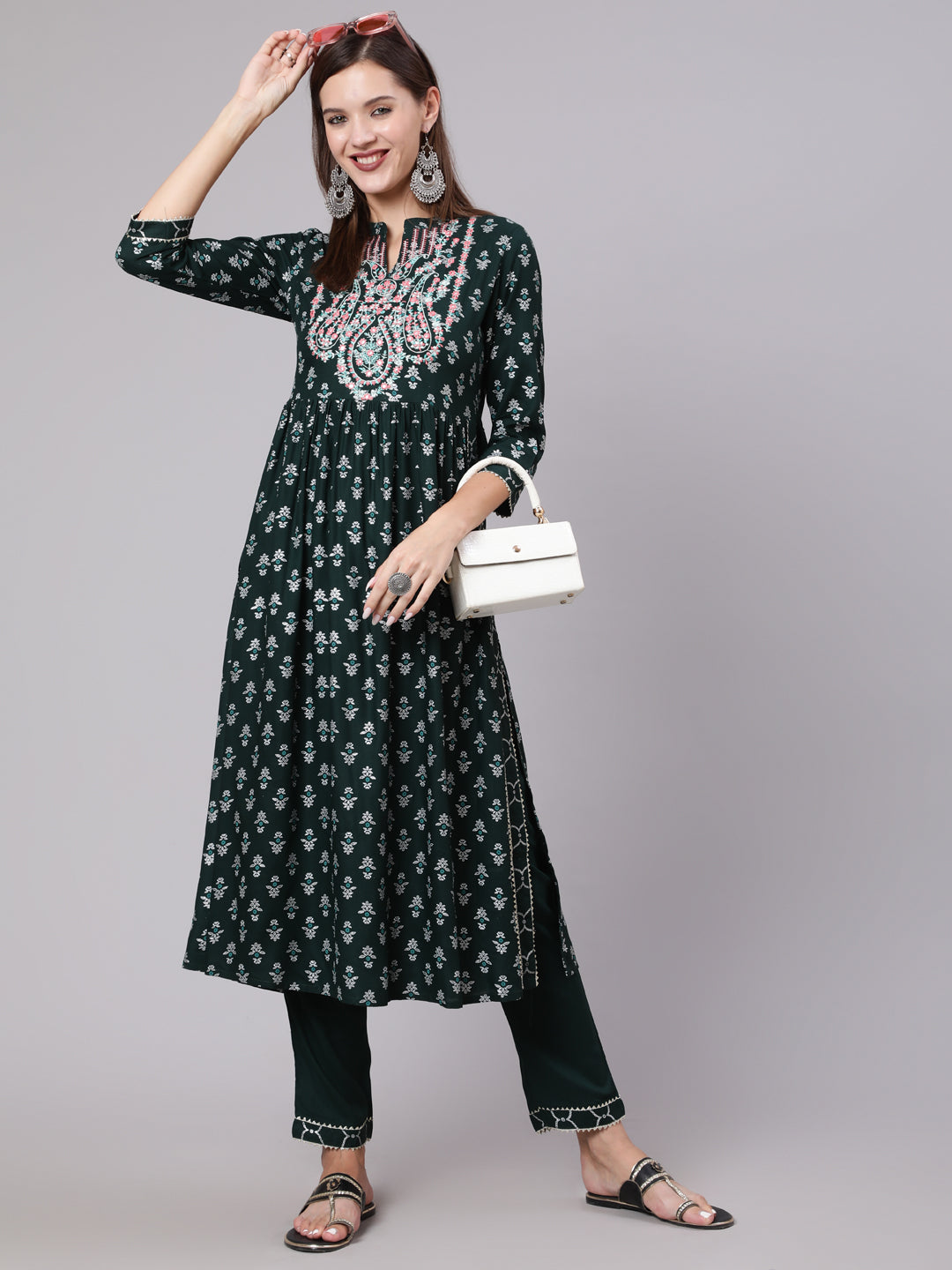 Rayon Calf Length Printed Semi Flared 3/4 Sleeve Collar Neck Kurta Bottom Set (Preorder)