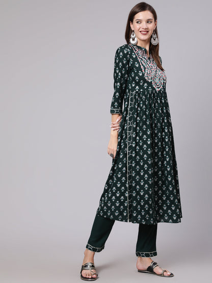 Rayon Calf Length Printed Semi Flared 3/4 Sleeve Collar Neck Kurta Bottom Set (Preorder)