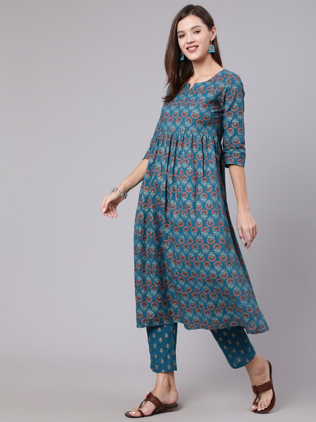 Rayon Calf Length Printed Semi Flared 3/4 Sleeve Round Neck Kurta Bottom Set (Preorder)