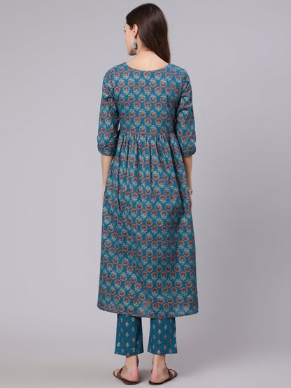 Rayon Calf Length Printed Semi Flared 3/4 Sleeve Round Neck Kurta Bottom Set (Preorder)