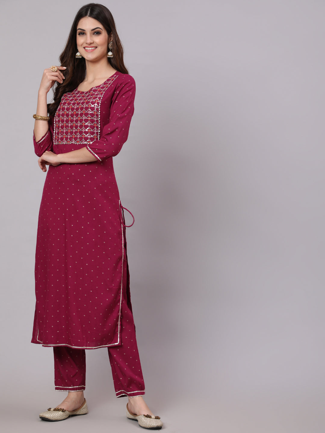 Rayon Calf Length Foil Print Straight 3/4 Sleeve Round Neck Kurta Pant Dupatta Set (Preorder)