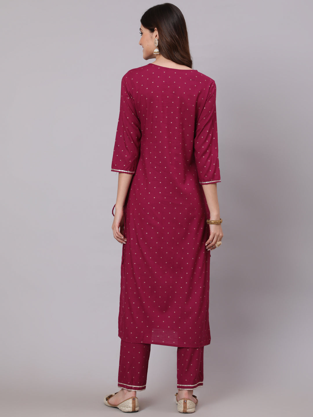 Rayon Calf Length Foil Print Straight 3/4 Sleeve Round Neck Kurta Pant Dupatta Set (Preorder)