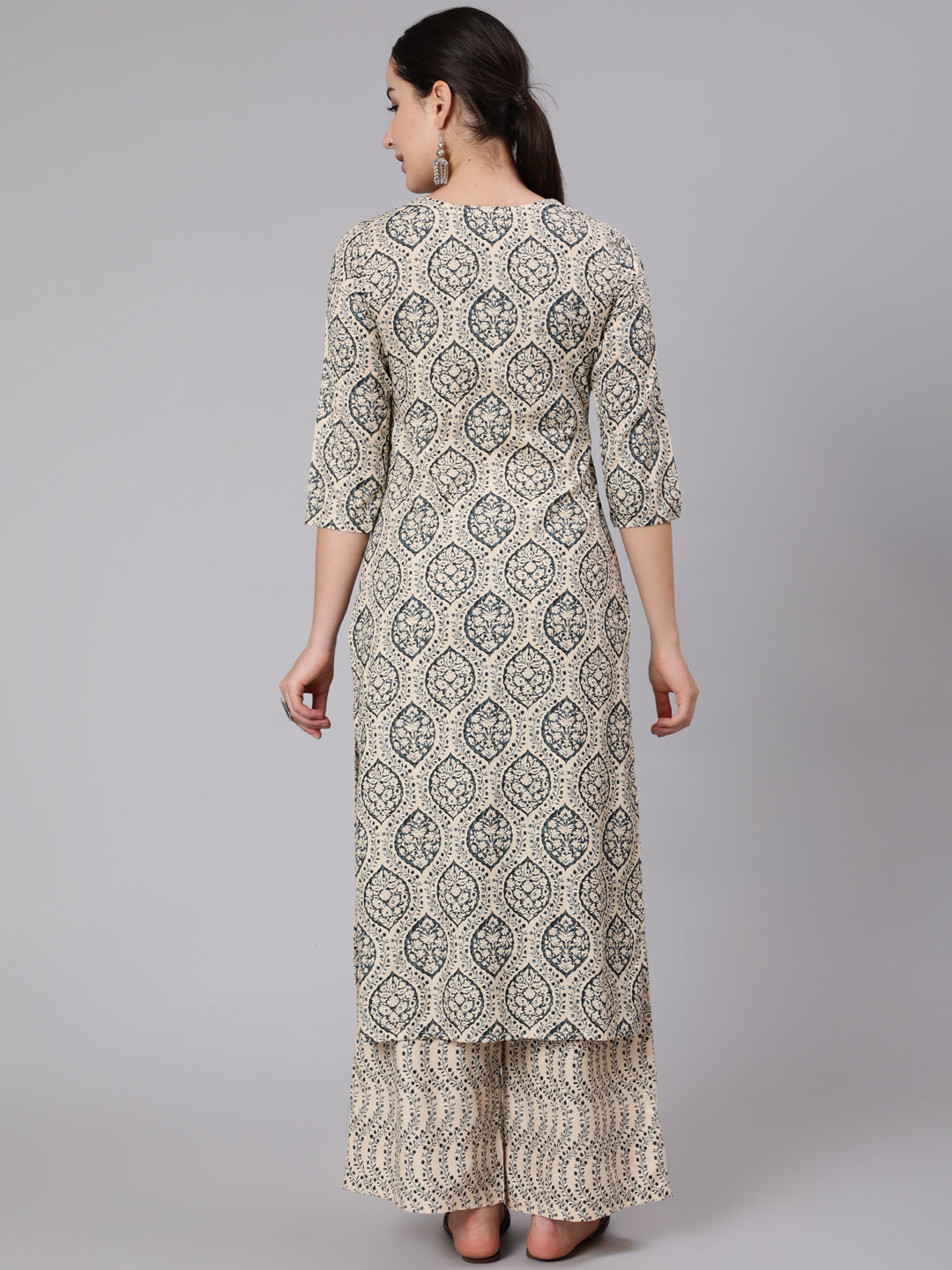 Rayon Calf Length Printed Straight 3/4 Sleeve Round Neck Kurta Pant Dupatta Set (Preorder)