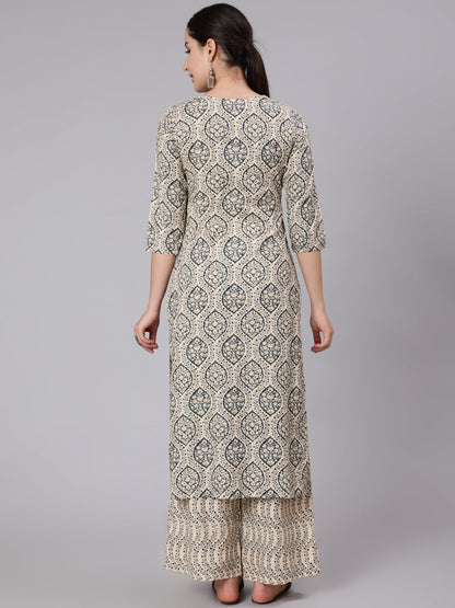 Rayon Calf Length Printed Straight 3/4 Sleeve Round Neck Kurta Pant Dupatta Set (Preorder)