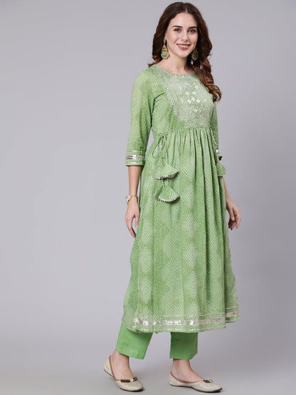 Cotton Calf Length Printed Sami Flared 3/4 Sleeve Round Neck Kurta Pant Dupatta Set (Preorder)