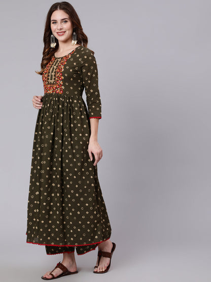 Rayon Calf Length Printed Semi Flared 3/4 Sleeve Round Neck Kurta Dupatta Pant Set (Preorder)